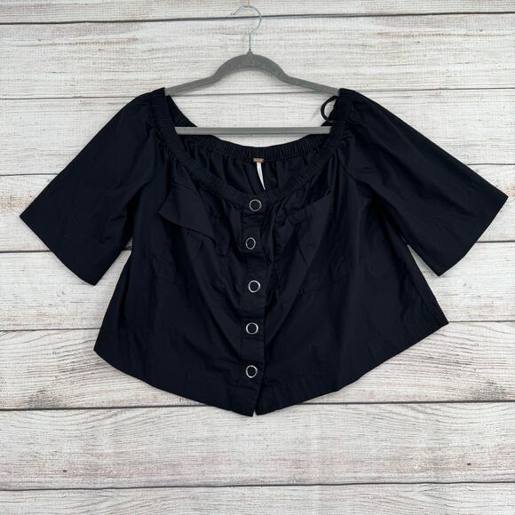 Free People Off Shoulder Snap Up Blouse Womens Medium Black Crop - Picture 1 of 8